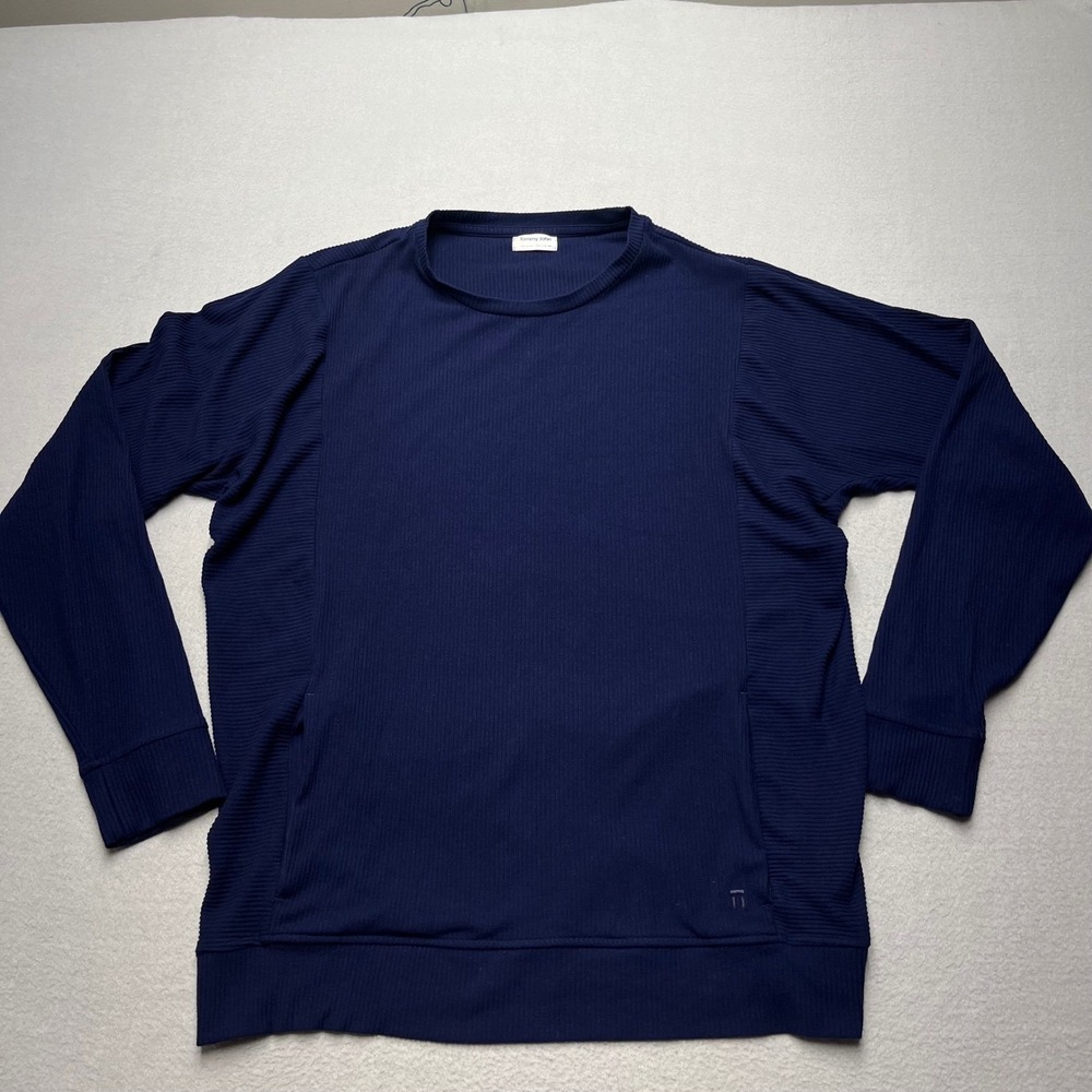 Tommy John Mens Ribbed Lounge‎ Sweatshirt Navy Blue Crewneck Pockets Rayon Largw
